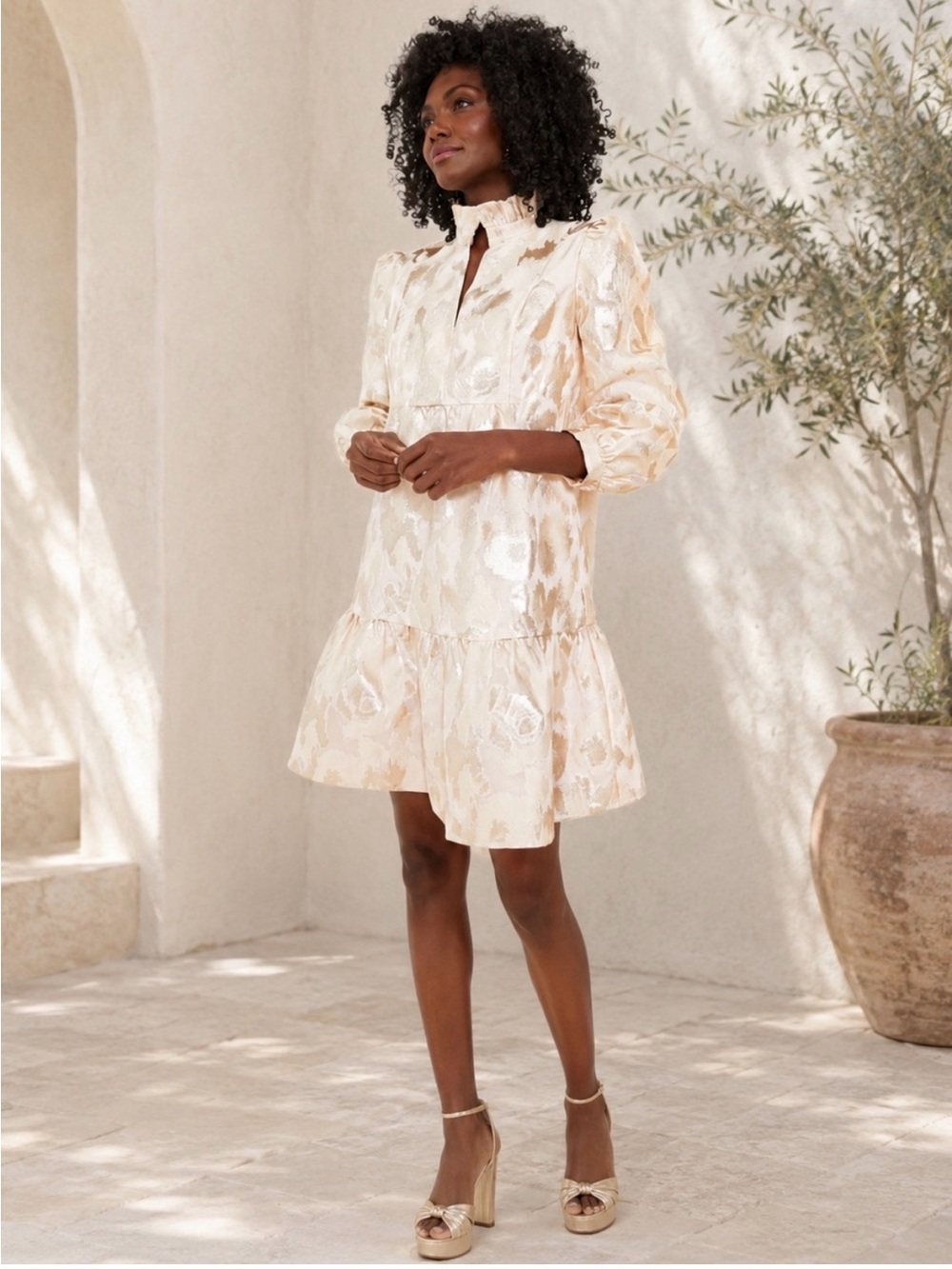 Tuckernuck Royal Shirt Dress in Gold/Blush Pink Metallic Jacquard.